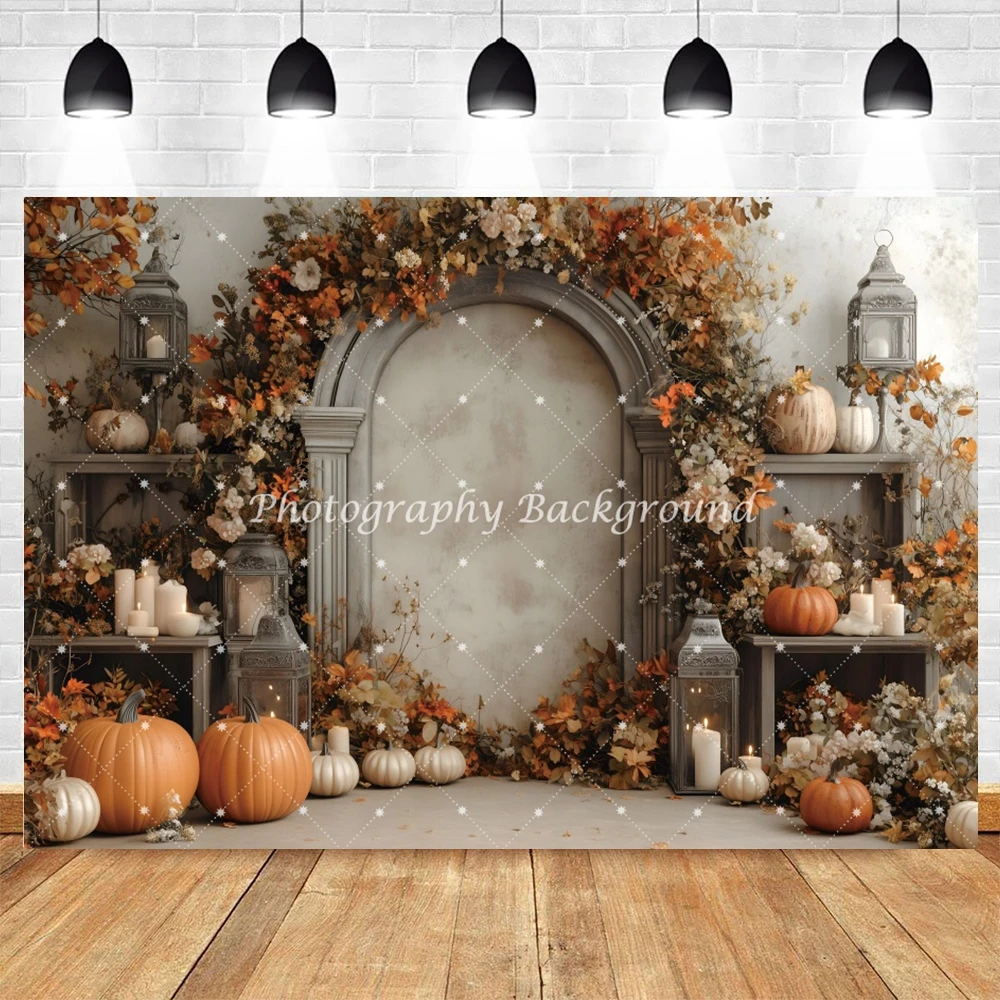 Sfondo per interni autunnali Parete in legno rustico Foglie d'acero Decorazione di zucca Festa di compleanno autunnale Ritratti di famiglia Sfondo di decorazioni per la casa
