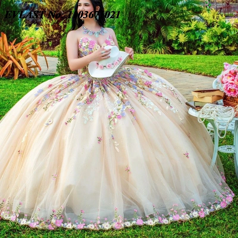 فستان كرة شامبانيا Quinceanera اللامع ، مزين بالزهور الملونة ، حلو 16 ، XV 15 ، 15 سنة ، SQ126