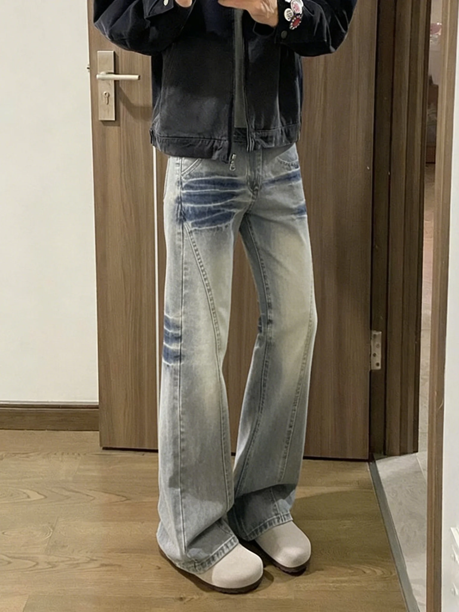 

American Vibe Lightning Pattern Diagonal Cut Slim Fit Men's Jeans CleanFit Straight Leg Micro Flare Pants Casual Wear