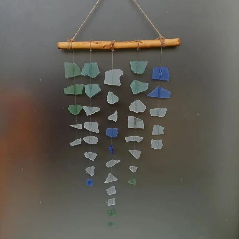 Sea Glass and Driftwood Wind Chime Bohemian Handmade Hanging for Garden Patio Porch Home Decor Nautical Boho Windchime Gift