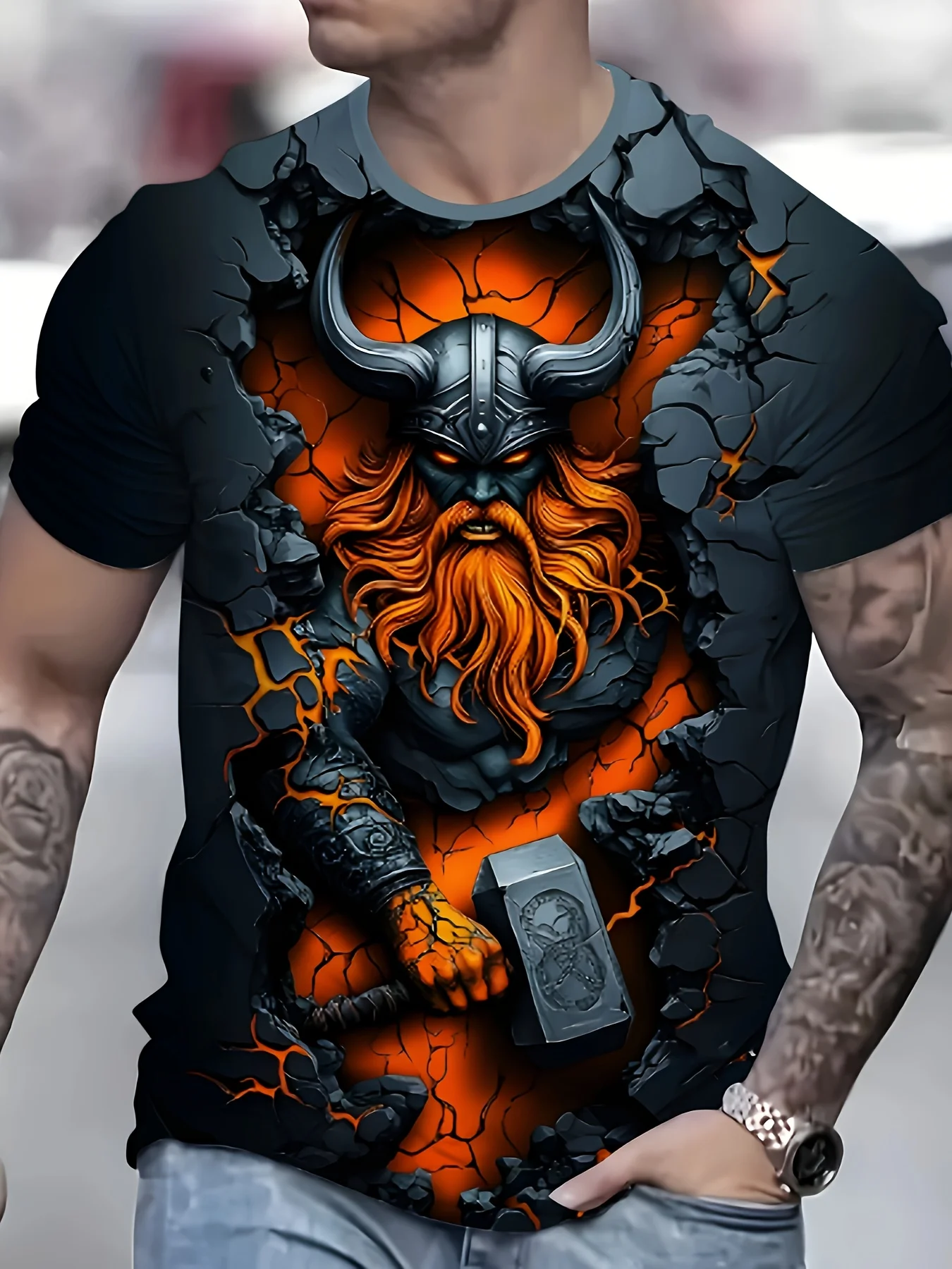 Men's 3D Crack Rock Viking Thor Hammer Graphic T-Shirt Orange Flame Norse Warrior Print Crew Neck Short Sleeve Casual Tee