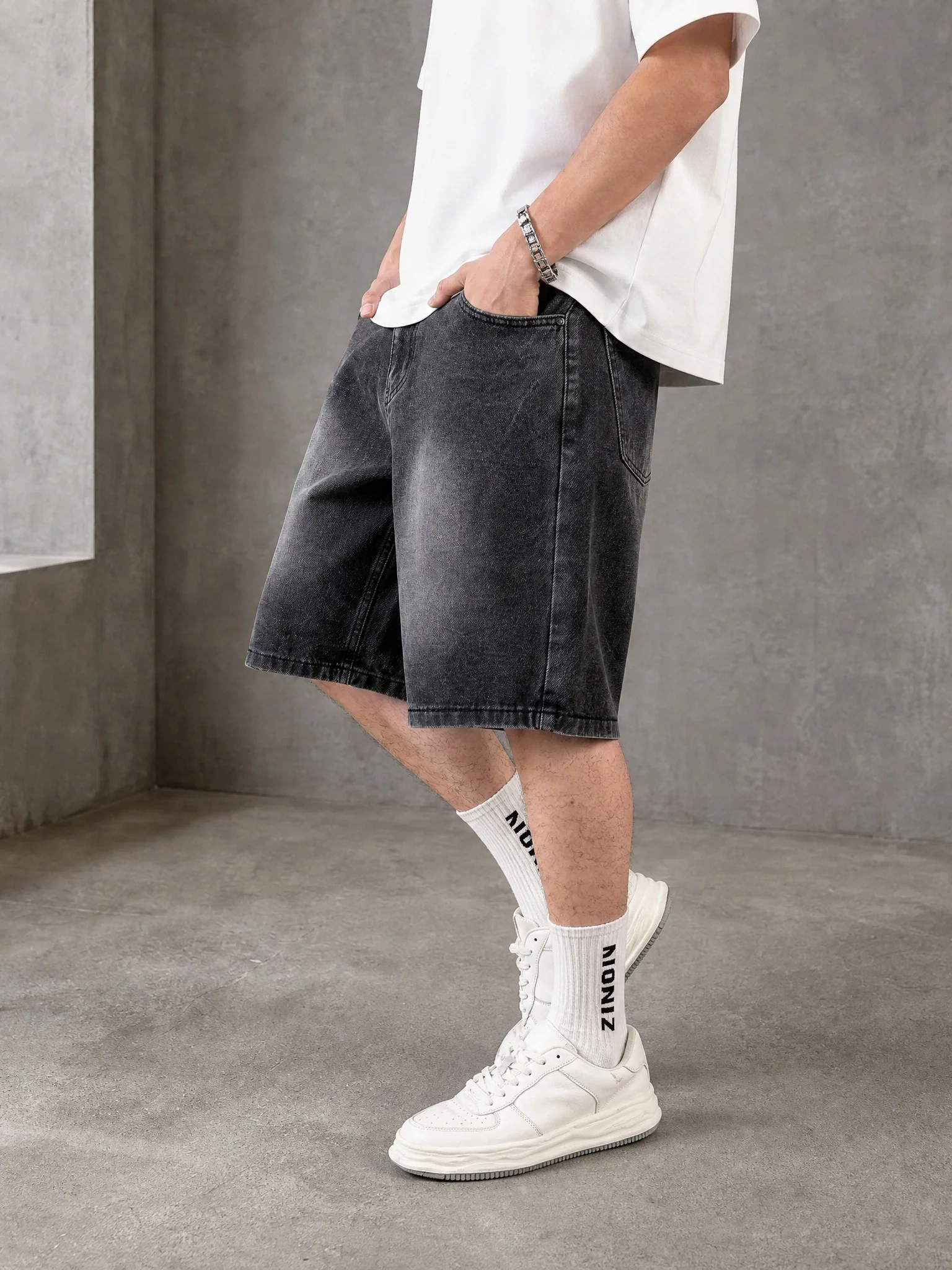 American Style Summer Thin Men's Non-Stretch Loose Solid Color Basic Five-Quarter Denim Capri Pants