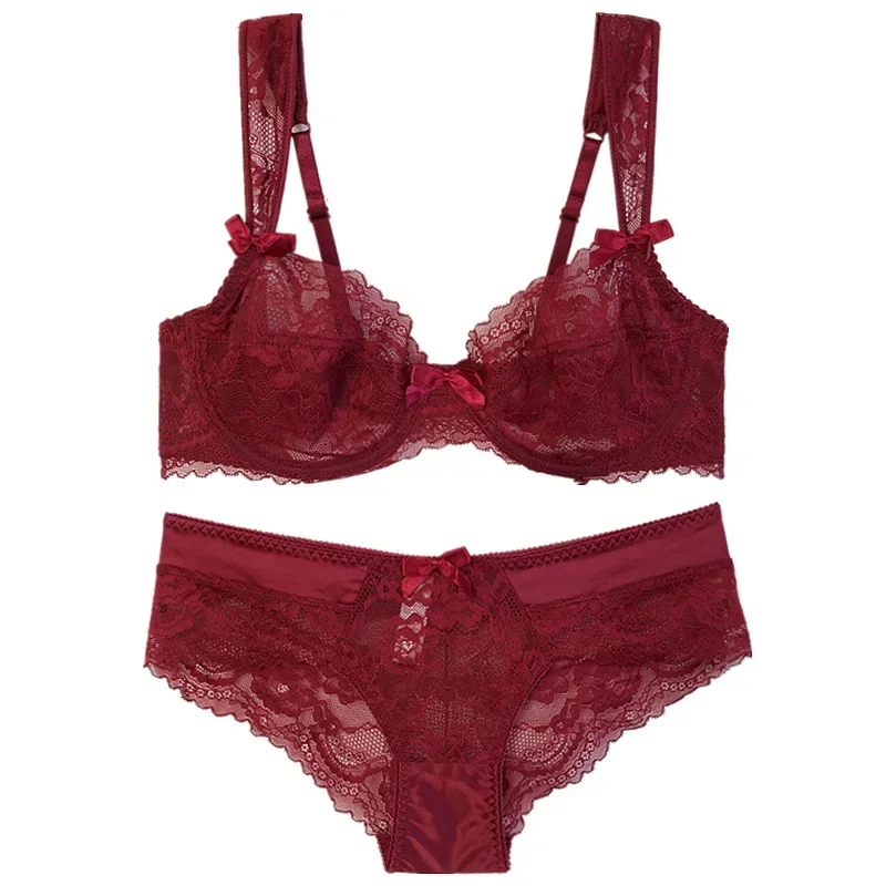 MOYISU French Romantic Ultra-thin Lace Sexy Transparent Gathering Big Breasts Show Small Underwire Bra Cover Underwear Set Women