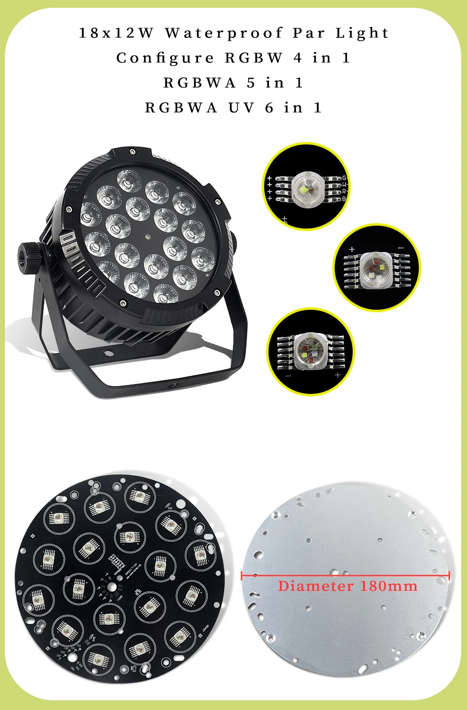 Bühnenlicht-Reparaturteile, 18 x 18 W, RGBWA UV 6in1/18X12W RGBW 4in1/18X12W RGBWA 5in1 wasserdichte oder Aluminium-Bühnenlicht-LED-Platine – Detail 5