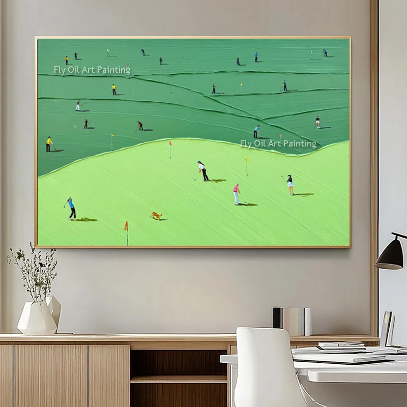 Fashion Green People Playing Golf Canvas Thick Home Wall Decor Items Hand Drawn Blue Grey Knife Thick Oil Painting For Home