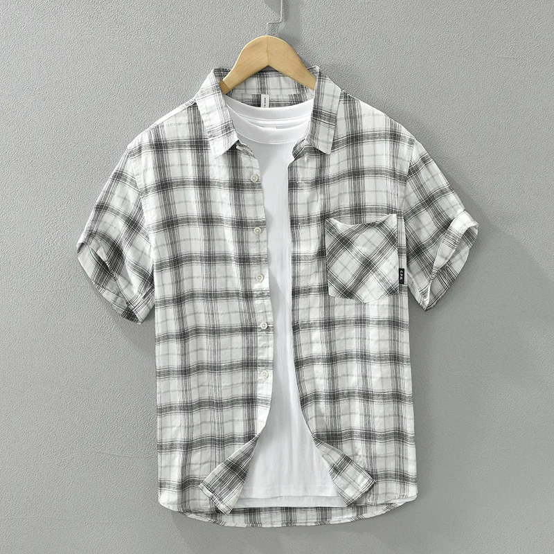 

Pure Cotton Plaid ort Sve irt Men's Summer Versatile Breathable f Sve Retro Commute Casual High-End Feeling Top