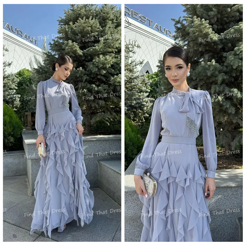 

Custom Made Elegant High Neck Tiered Ruffles A-line Long Sleeve Evening Gown Floor Length Bridal Party Dress with Bow Vestidos