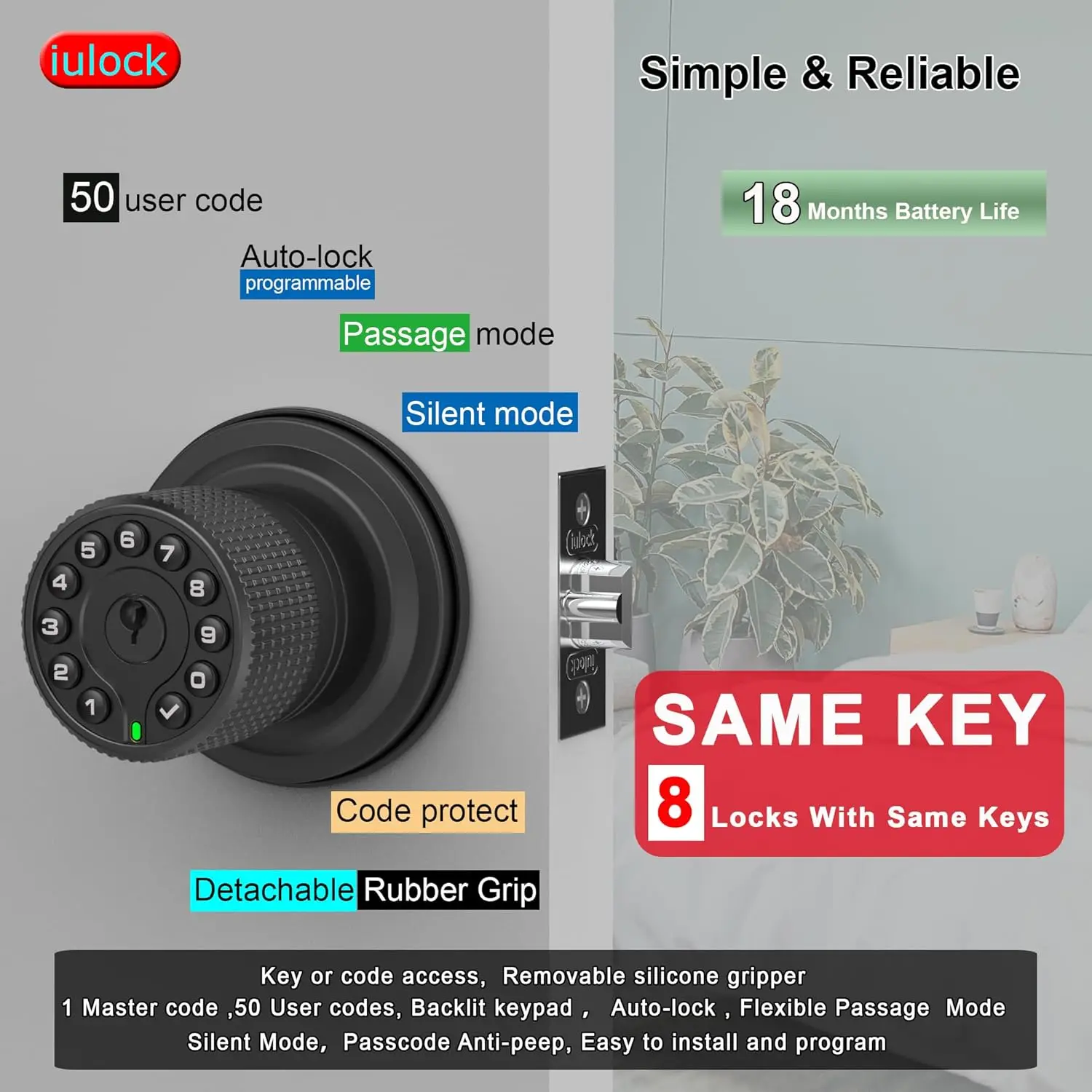 Door Knob with Keypad and Key, Entry Door Lock with Rubber Grip, Auto Lock,50 User Code,Waterproof, Easy to Install