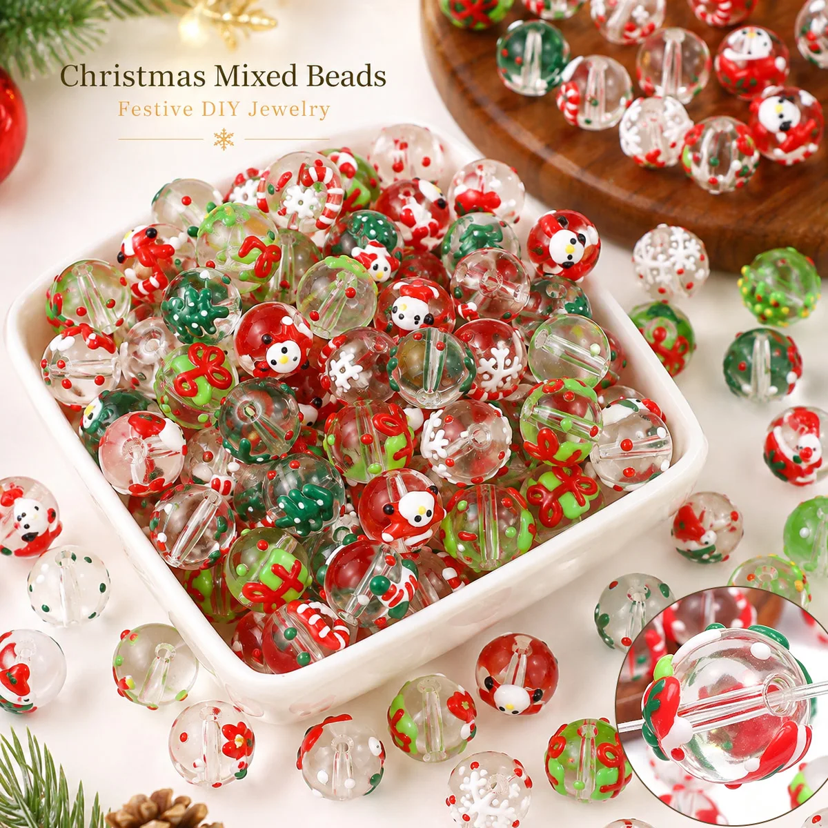12mm 3pcs Glass Beads Christmas Collection Mixed Styles Spacer Loose Beads For Jewelry Making DIY Bracelets Necklace