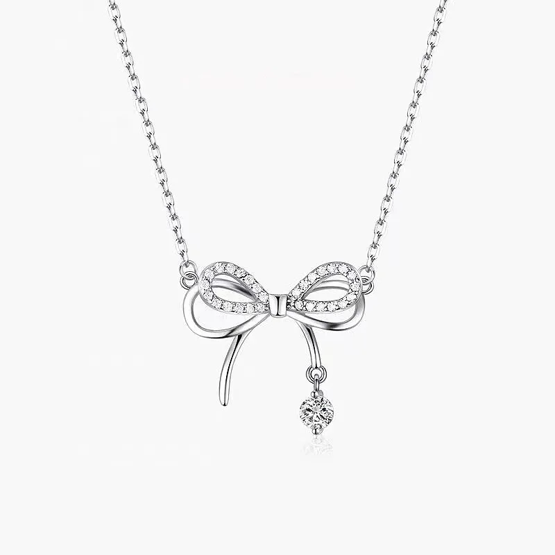

New 925 Sterling Silver Bow Necklace Personality Charming Women's Pendant Necklace Birthday Gift for Friends Exquisite Jewelry