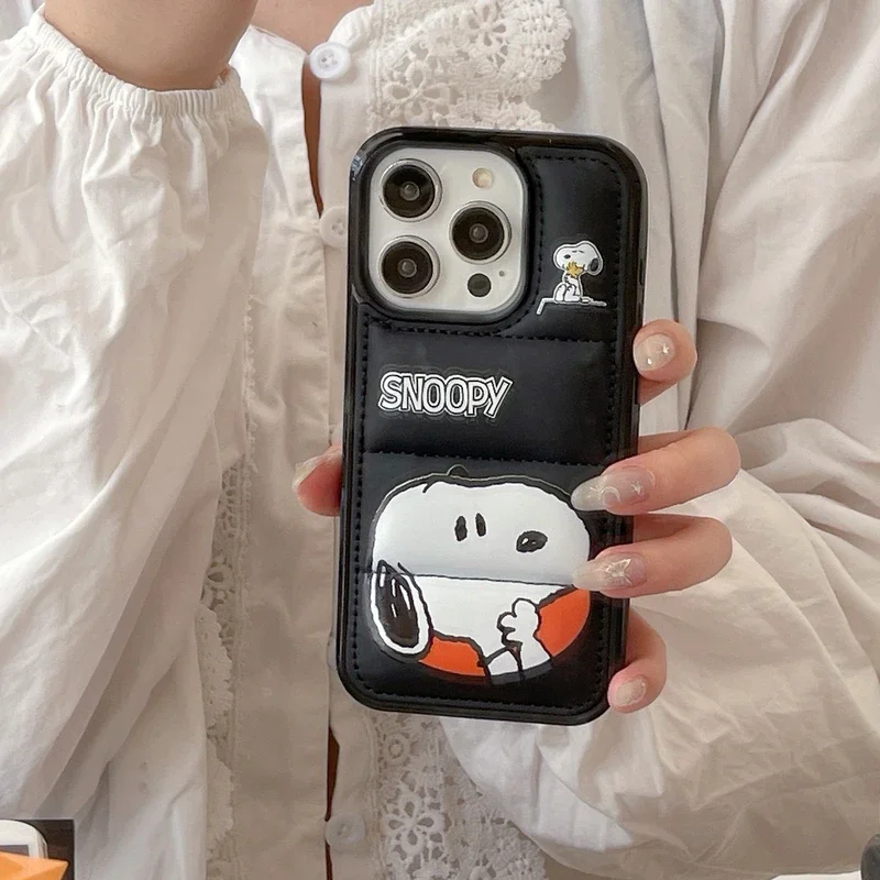 Cute Cartoon Snoopy Leather Down Jacket The Puffer Phone Case For iPhone 15 14 13 12 11 Pro Max ShockProof Hard Cover