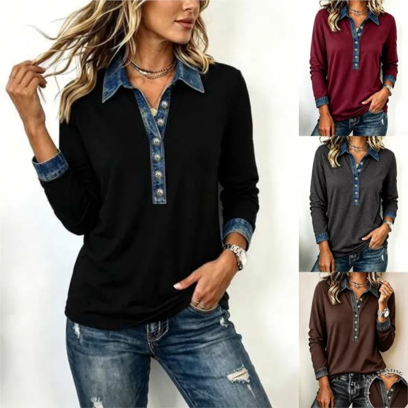 Spring Fall Blouses T-shirt Women's Denim Patchwork Flared Collar Long Sleeve Semi-Open Button Loose Casual Shirt Women Clothing