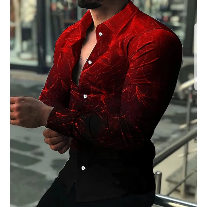 Men's geometric diamond grid gradient printed long sleeved shirt, retro ethnic style geometric pattern lapel, trendy men's top