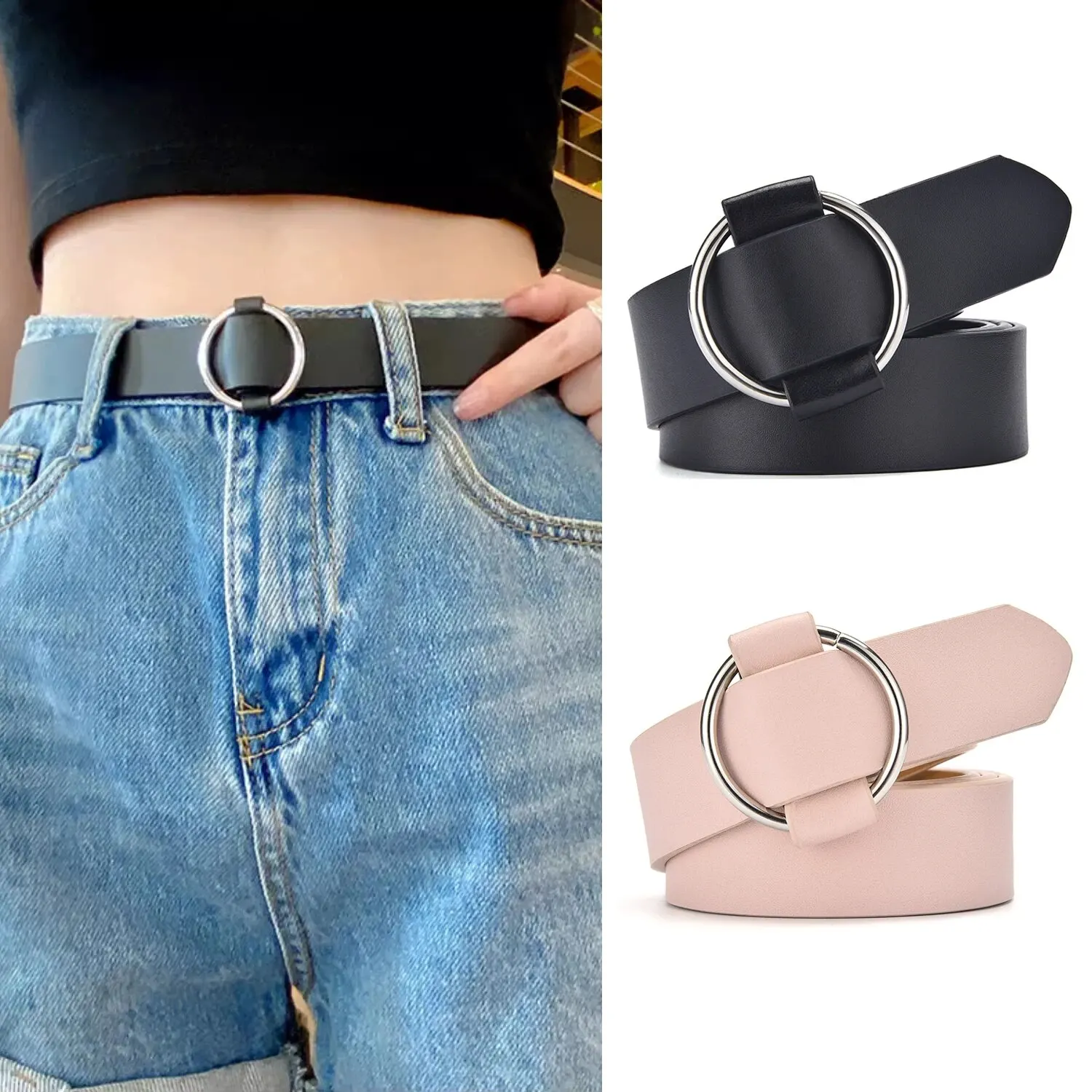 Women Belt Non Perforated Fashion Simple Round Buckle Belt Genuine Casual PU Leather Belt With Skirt Pants Jeans Women Waistband