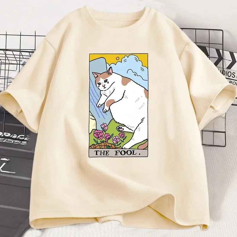 Sad Cat Meme The Fool Tarot T-Shirt Men Women Witchy Clothing Crying Cat T Shirt Casual T-shirts Streetwear Clothing