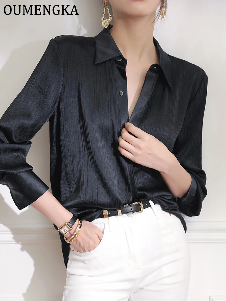 Casual Loose See-Through Shirts Women's Summer Lapel Long Sleeve Wrinkle Chiffon Blouse Top Streetwear Female Black Shirts Top