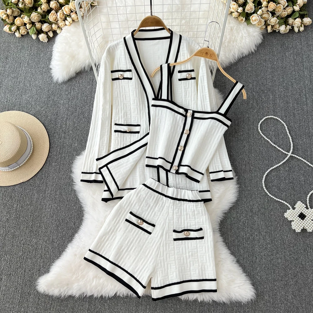Women Shorts Suits Knit Patchwork Color V-neck Knitted Cardigan + Strap Vest + High-waisted shorts Clothes Suits Outfits
