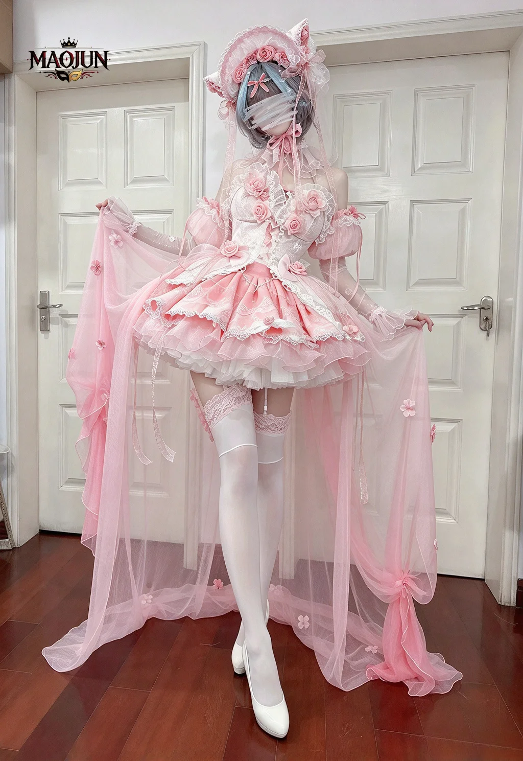 Azur Lane Cheshire Pink Abandoned Draft Fanart Cosplay Costume Set Women Pink Floral Lace Lolita Dress with Long Tulle Train