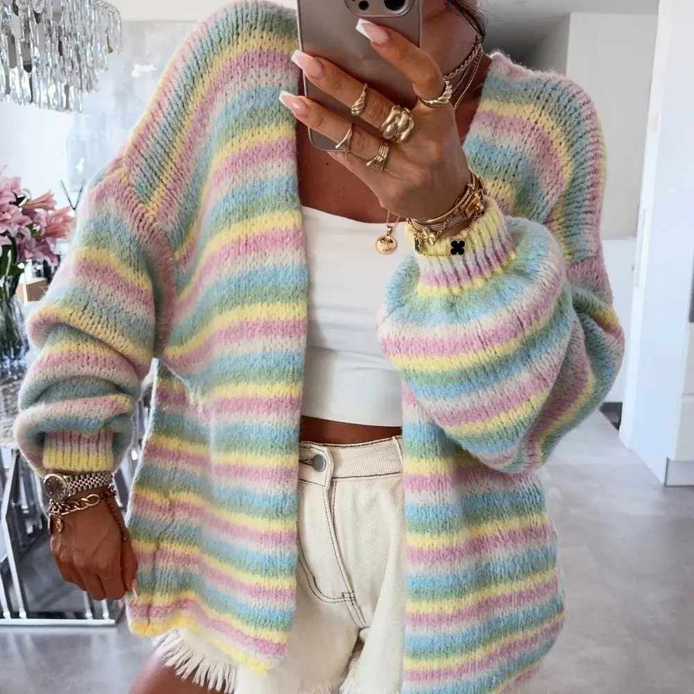 

Rainbow Gradient Loose V-Neck Long Sleeve Sweater Cardigan Outerwear Autumn Winter New Style Casual