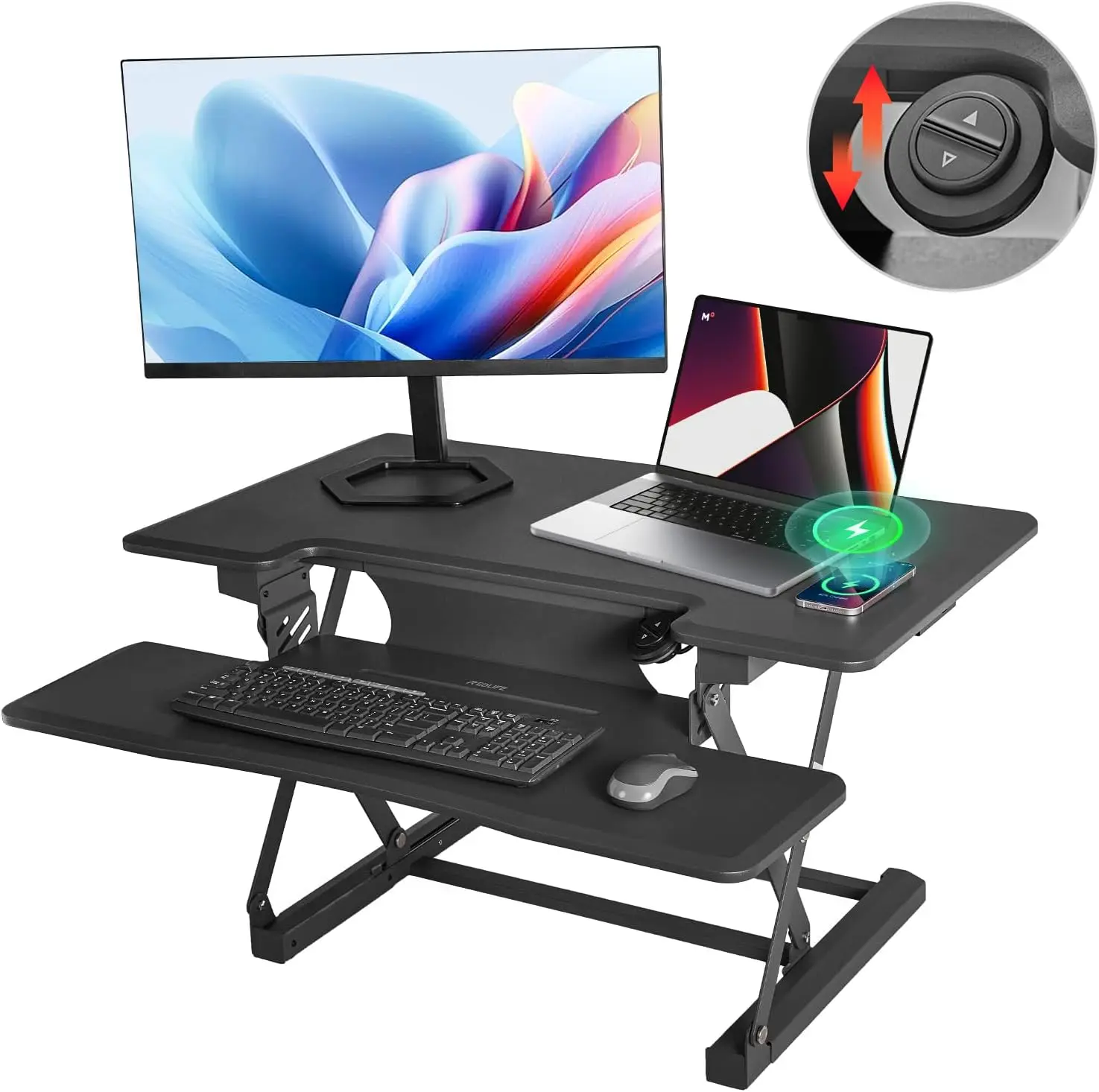 Redlife Standing Desk Converter 28/36/46 in Height Adjustable Sit to Stand Riser Workstation w/  Keyboard Tray Wireless Charger