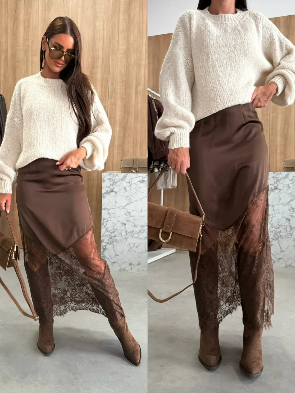 

Women Patchwork Lace Skirts 2025 New High Waist Slim Hollow Out Maxi Skirts Autumn Brown Fashion Party Club Boho Skirt