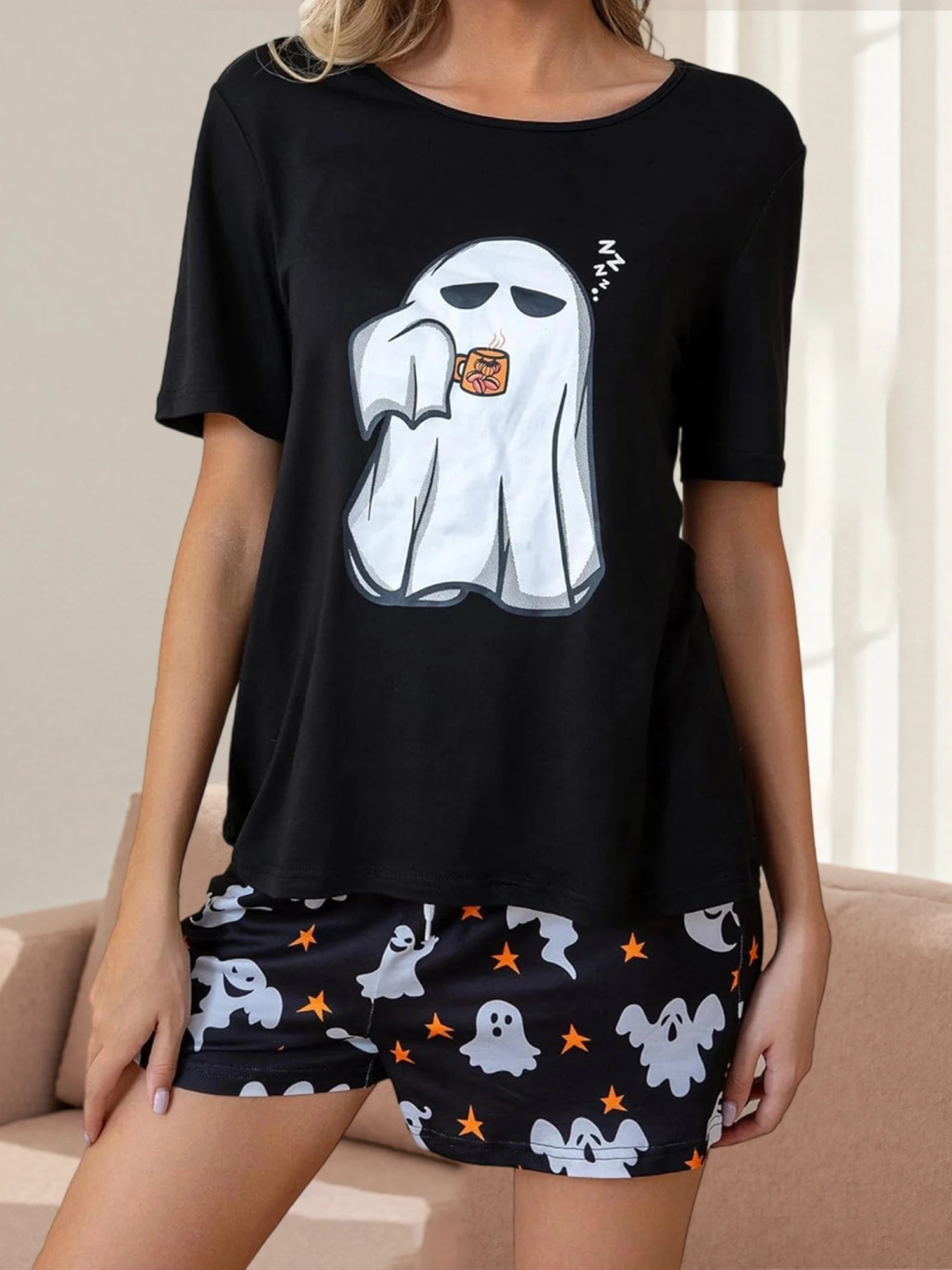 Women s Halloween Costume 2 Piece Set Adorable Short Sleeve Printed T-Shirt Shorts Lounge Wear Outfit for Fall