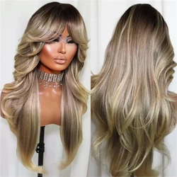 Natural Wig with Bangs Warm Honey Blonde Balayage Synthetic 13x4 Lace Front Wigs Fringe Dark Dirty Blond Woman Wig Cosplay Daily