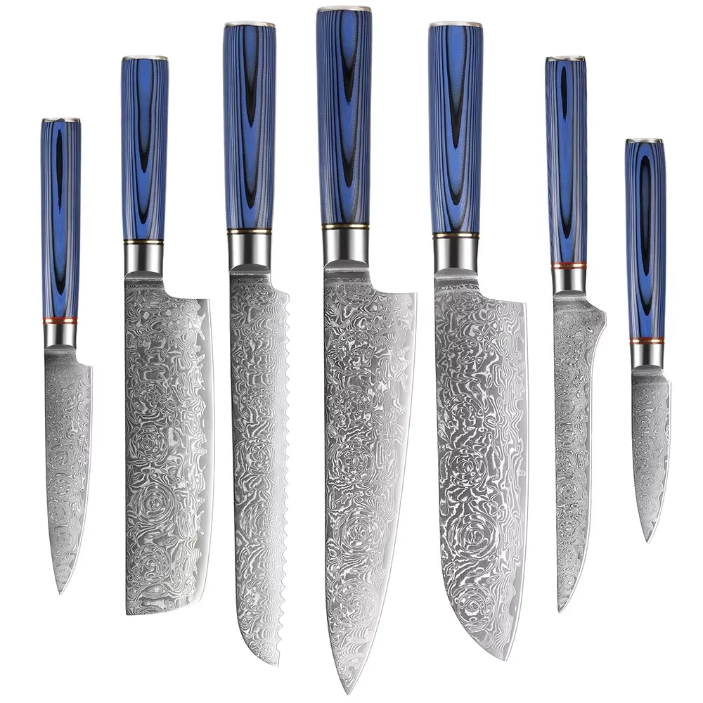 Super Sharp 1-7Piece Damascus Kitchen Knife Set 67-Layer Japanese VG10 Steel Chef's Cleaver Knife Bread Santoku Boning Knife