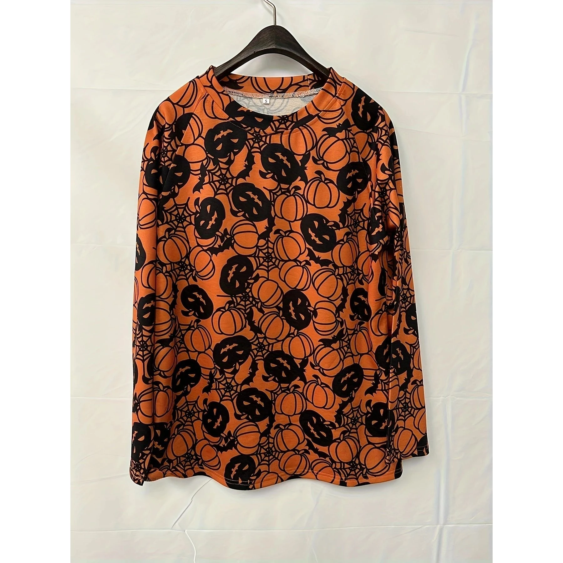 loween Pumpkin Print Long Sve Sweatirt Casual Sle Polyester Fabric round Ne Overhead Women's T-irt