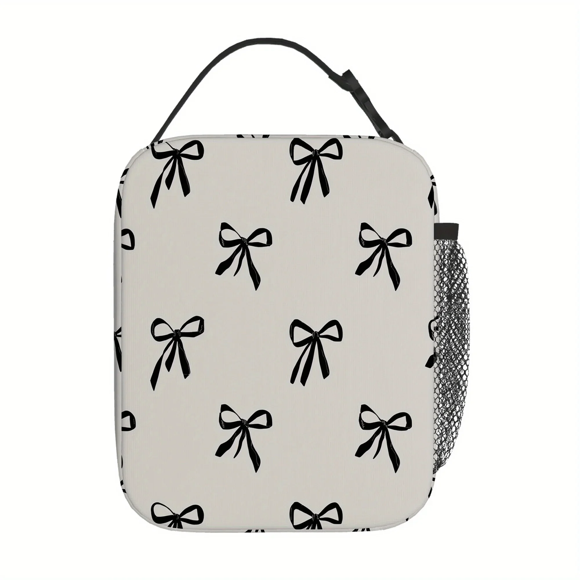 1pc a Thermal Bag Featuring Black Bows on a Light Background. This Insulated Bag Is Not Intended for Food Contact And Is Suitabl
