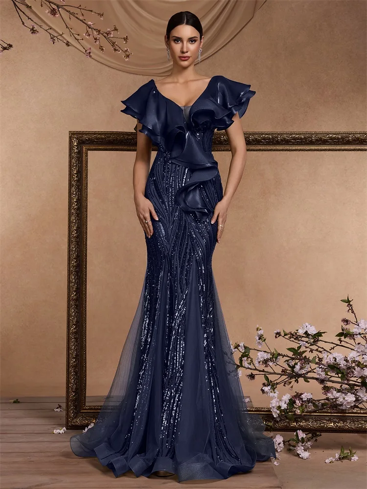 

Lucyinlove Elegant Ruffle Sleeve Navy Sequins Evening Dresses Women Mermaid Formal Wedding Party Maxi Prom Cocktail Gowns