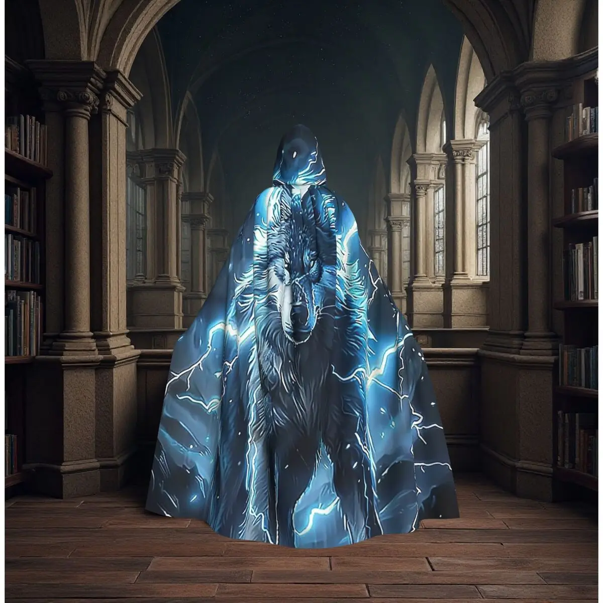 

Wolf And Lightning Design Long Hooded Cloak Witch Medieval Costume Cosplay Cape HalloweenParty Adult Unisex