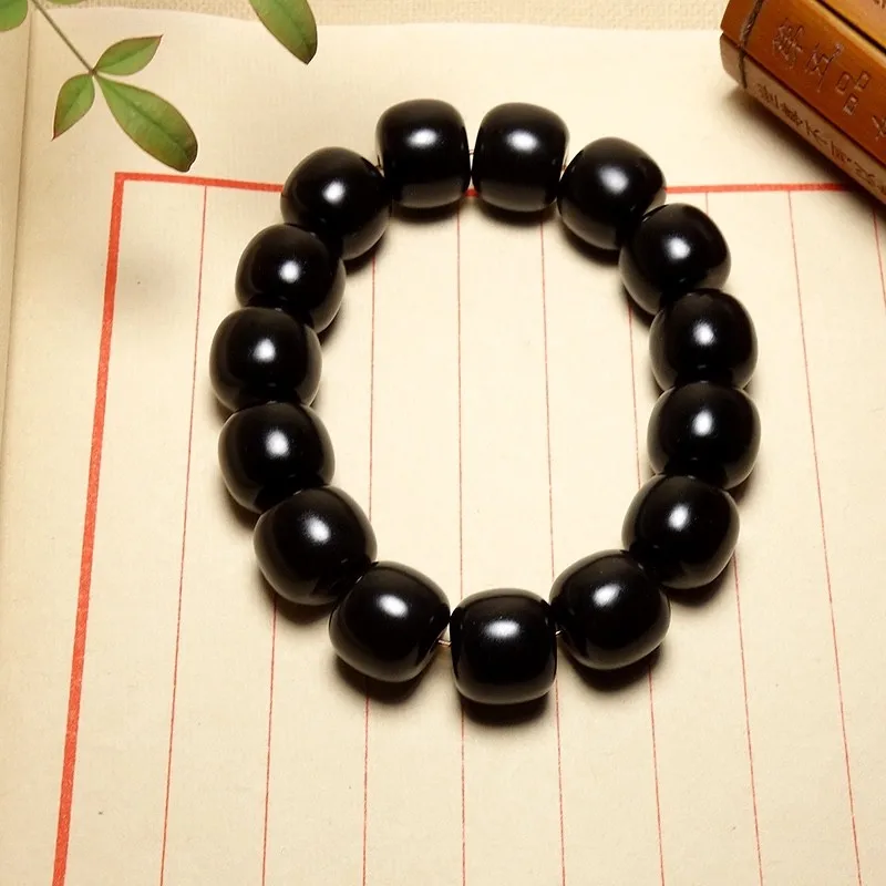 Black Jade Bracelet Men Women Fine Jewelry Genuine Hetian Jades Nephrite Barrel Bead Bracelets Natural Stone Elastic Bangles