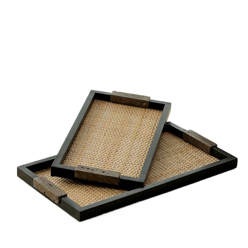 

Retro rectangular stone embedded rattan service tray living room home hotel decorative tea tray