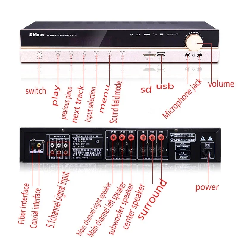 Amplifier Suara Kebiruan Audio 5.1 Panggung Digital HIFI Home Theater Amplifier Subwoofer Daya Tinggi Karaoke Ktv Profesional