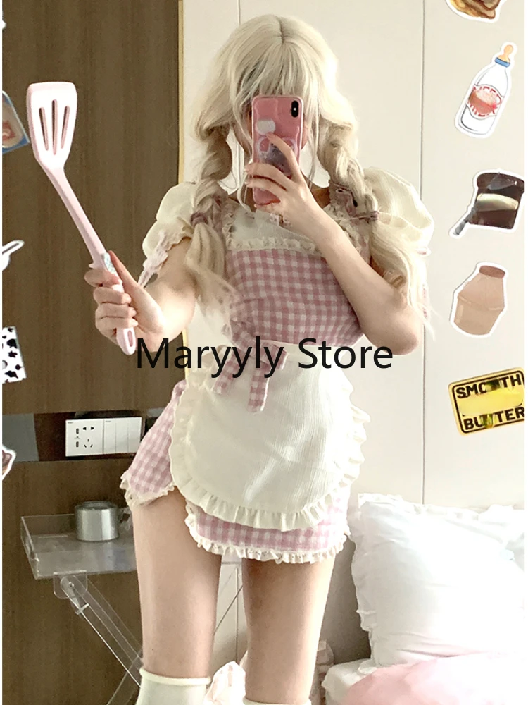 2023 Summer Fashion Outfits Chic White Puff Sleeve Blouse + Pink Plaid Strap Dress Female Sweet Kawaill Y2k Short Party Suits