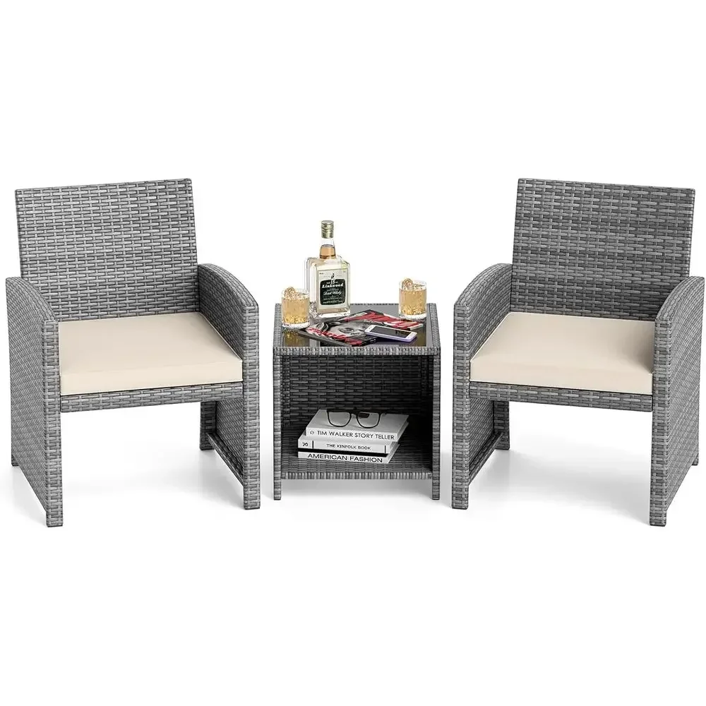 White 3-Piece Outdoor Patio Furniture Set with PE Rattan Chairs, Tempered Glass Coffee Table, and Seat Cushions for Backyard, Po