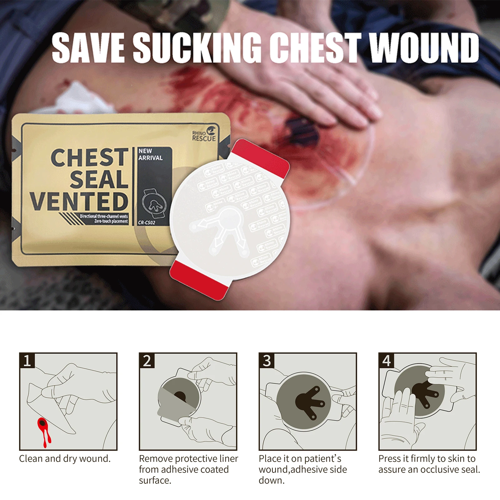 Rhino Rescue Chest Seal Medical Prevent Puncture Wounds Dressing Pneumothorax Emergency First Aid Trauma