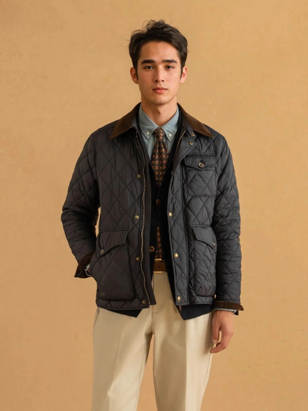 RL Short Quilted Cotton Jacket Diamond Pattern Warm Business Casual Outerwear Water-Resistant Retro Style Youth Polyester Fil...