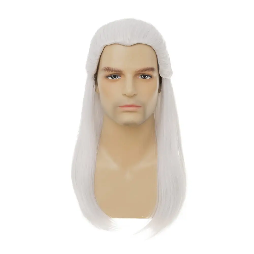 Peluca de Cosplay de Geralt of Rivia, pelucas de pelo sintético liso blanco plateado para hombres, disfraz de juego novedoso para fiesta y Halloween