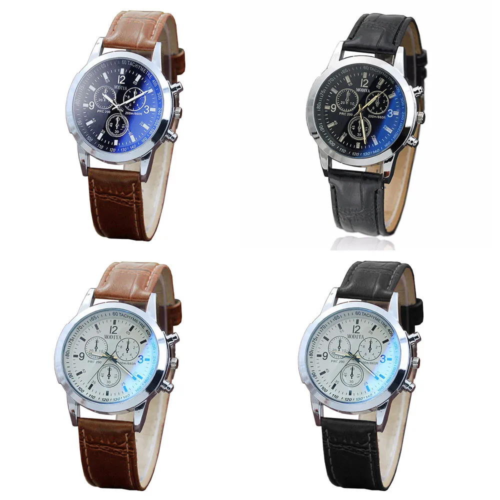 Luxury Blue Ray Glass Watches For Men Neutral Quartz Simulates The Wrist Watch Brand Casual Leather Strap Watches Reloj Hombre