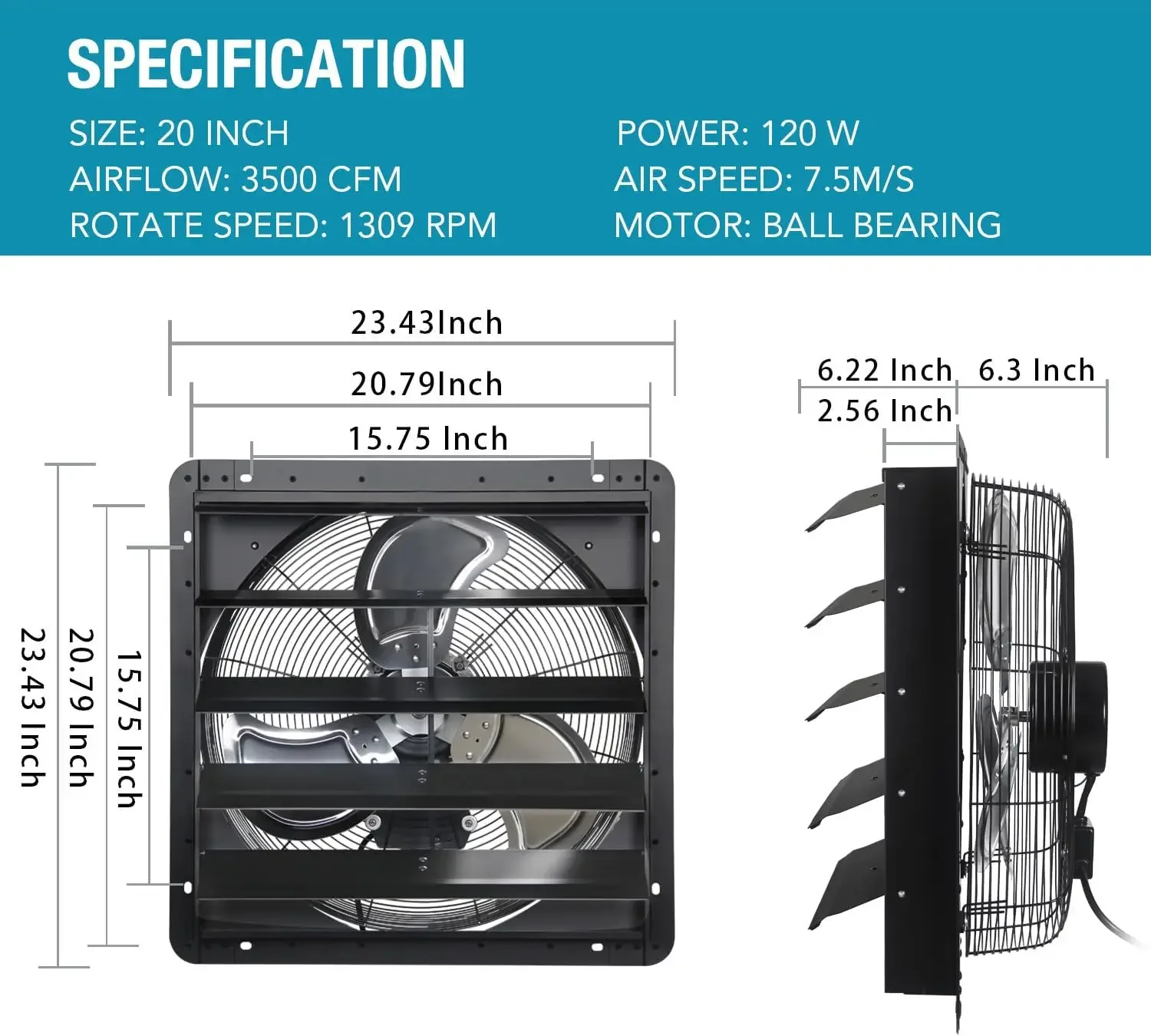 20 Inch Shutter Exhaust Fan Wall Mounted, Aluminum with 1.65 Meters Power Cord Kit,High Speed 3500CFM, Ventilation fan for Garag