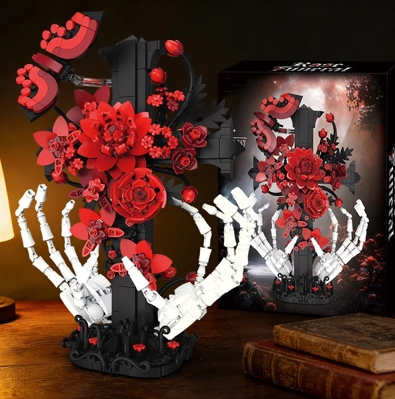 Idea Baustein Rote Rose Bestattungen Lernspielzeug Blumen Skelett Hand Kreuz Konstruktions-Baustein Modell Sammlerstück Schreibtischdekoration – Detail 7