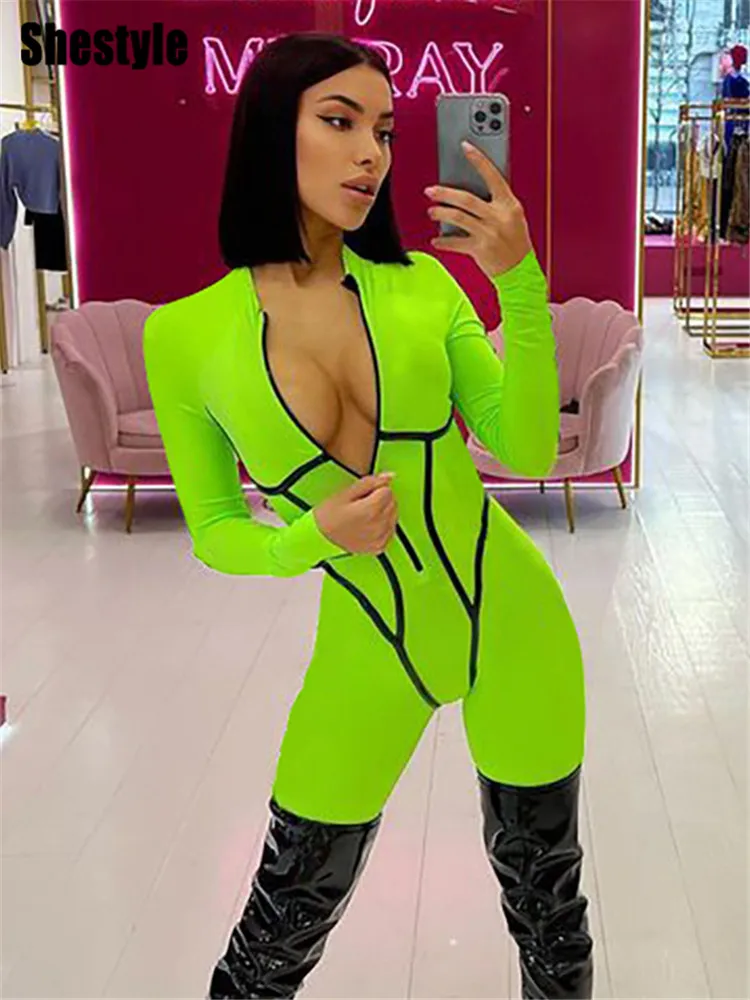 Shestyle Neon Green Bright Jumpsuits for Women Bodycon Zipper Fly Mock Neck 2024 Autumn Long Sleeve Sporty Casual Hot Fashion