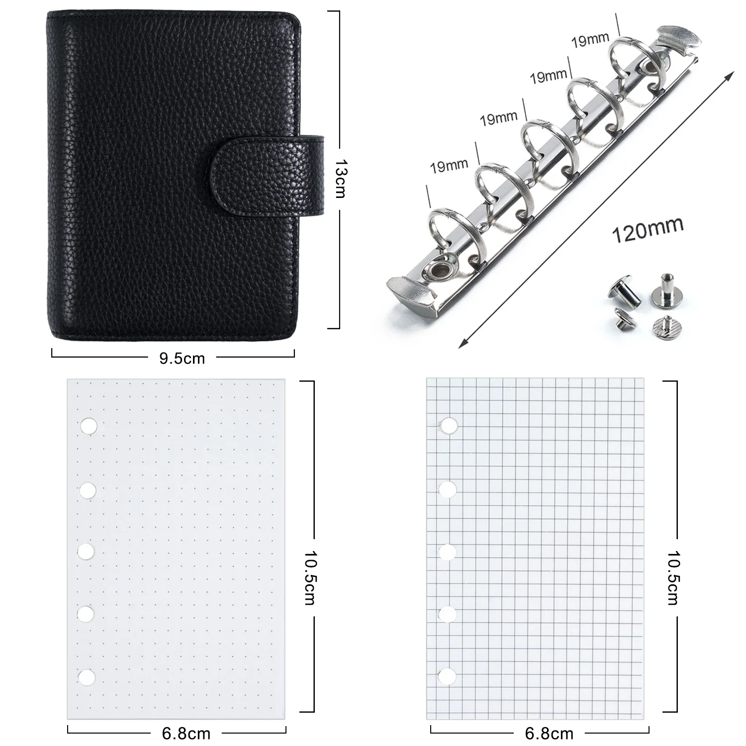 Moterm ปกติ A8/M5 ขนาดแหวน Planner Pebbled GRAIN Cowhide 5 MINI Notebook 15 มม.แหวน Organizer Journey Diary