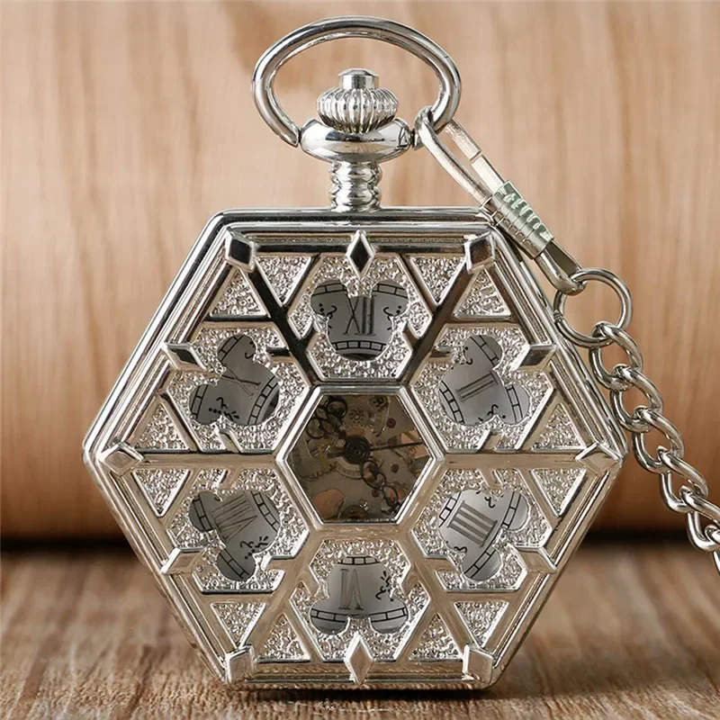 

Vintage Hollow Hexagon Shape Unisex Handwinding Mechanical Pocket Watch with Pendant Chain Skeleton Clock Roman Number Dial Gfit