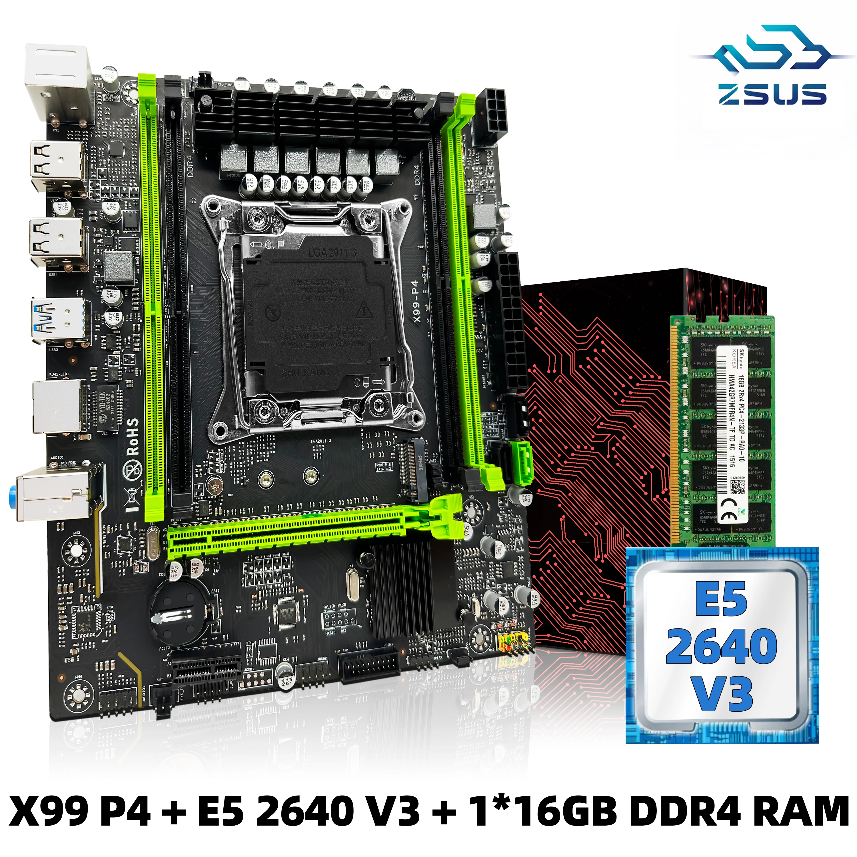 ZSUS X99 P4 Motherboard Set Kit With Intel LGA2011-3 Xeon E5 2640 V3 CPU DDR4 16GB (1*16GB) 2133MHZ RAM Memory NVME M.2 SATA