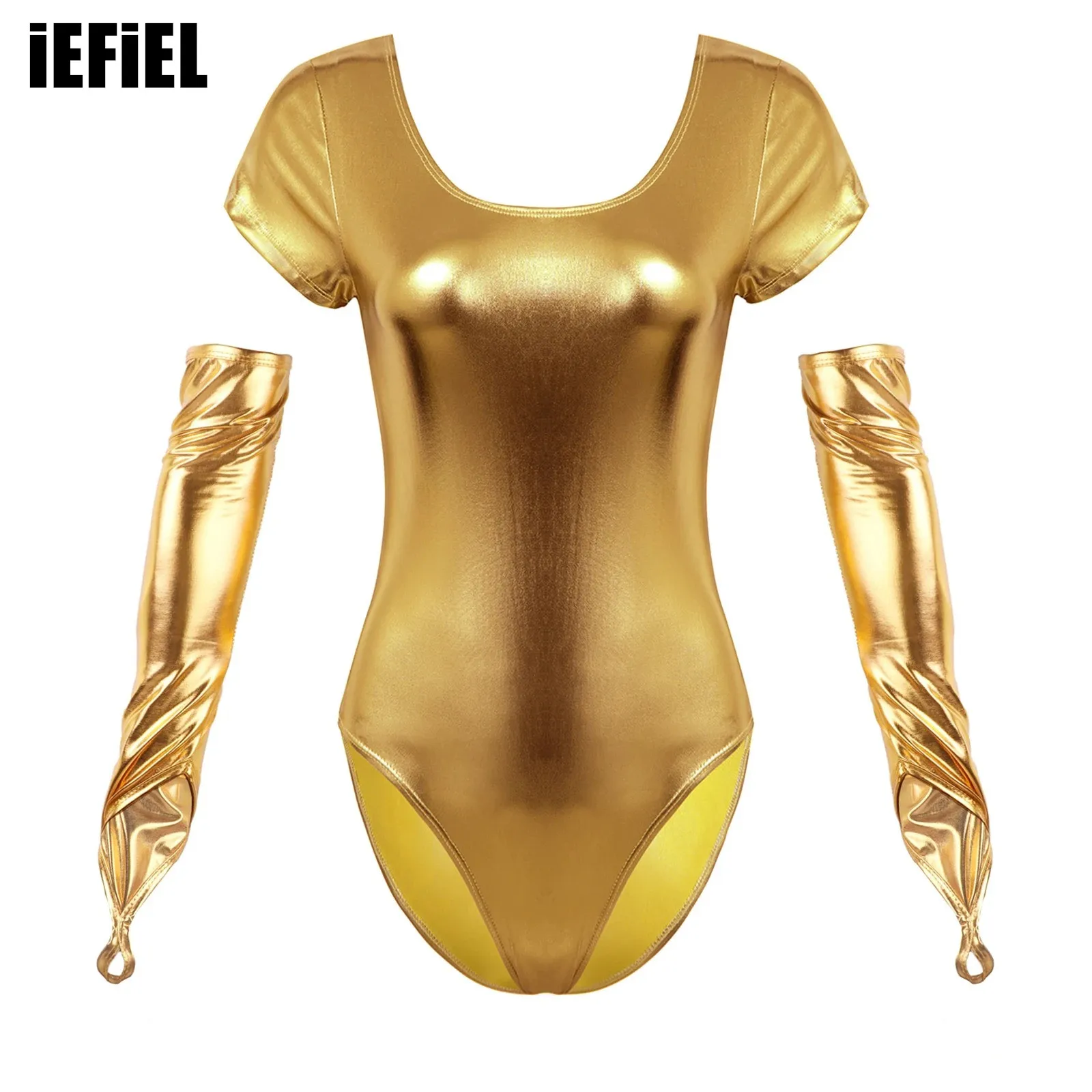 

Womens Shiny Bodysuit Set Patent Leather Short Sleeve Leotard with Elbow Length Fingerless Gloves for Dancing Cosplay Party