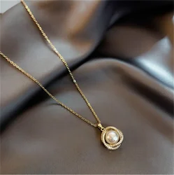 Fashion Pearl Pendant Necklace for Women Trend Aesthetic Gold Color Metal Chain Collar Choker Rhinestone Necklaces Party Jewelry