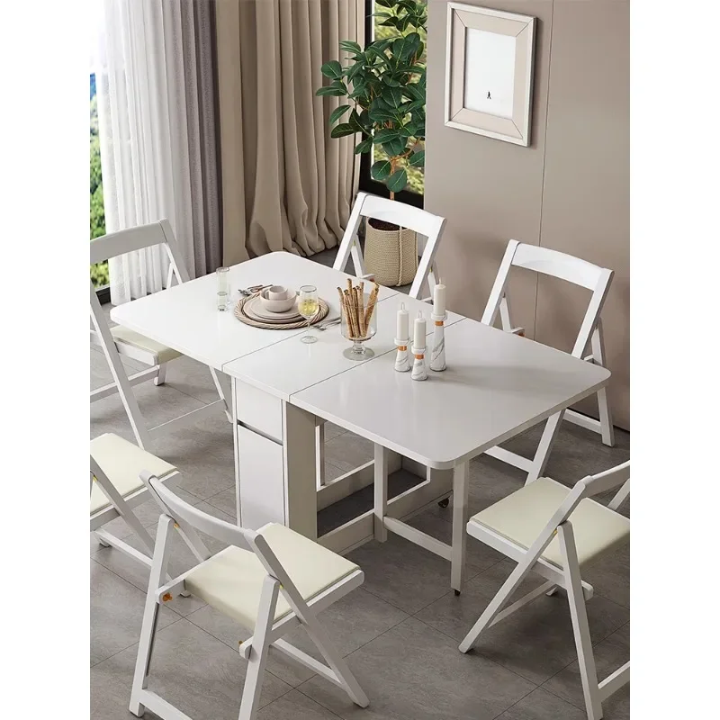 Small household folding dining table space-saving table simple modern 6-person movable solid wood folding table image 2